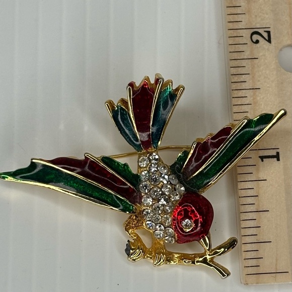 Vintage Bird on Branch Brooch Enamel Green Red Gold Tone Rhinestone Signed - Picture 7 of 10